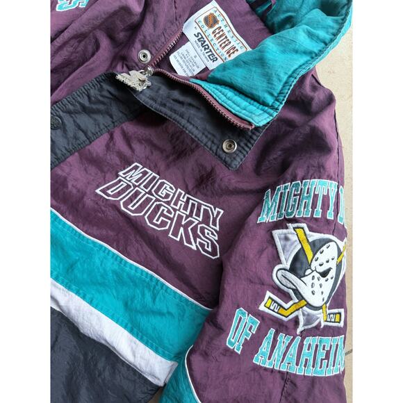 Anaheim Mighty Ducks 90s STARTER puffer LOGOS jacket S purple blk NHL hockey vtg - Picture 6 of 11